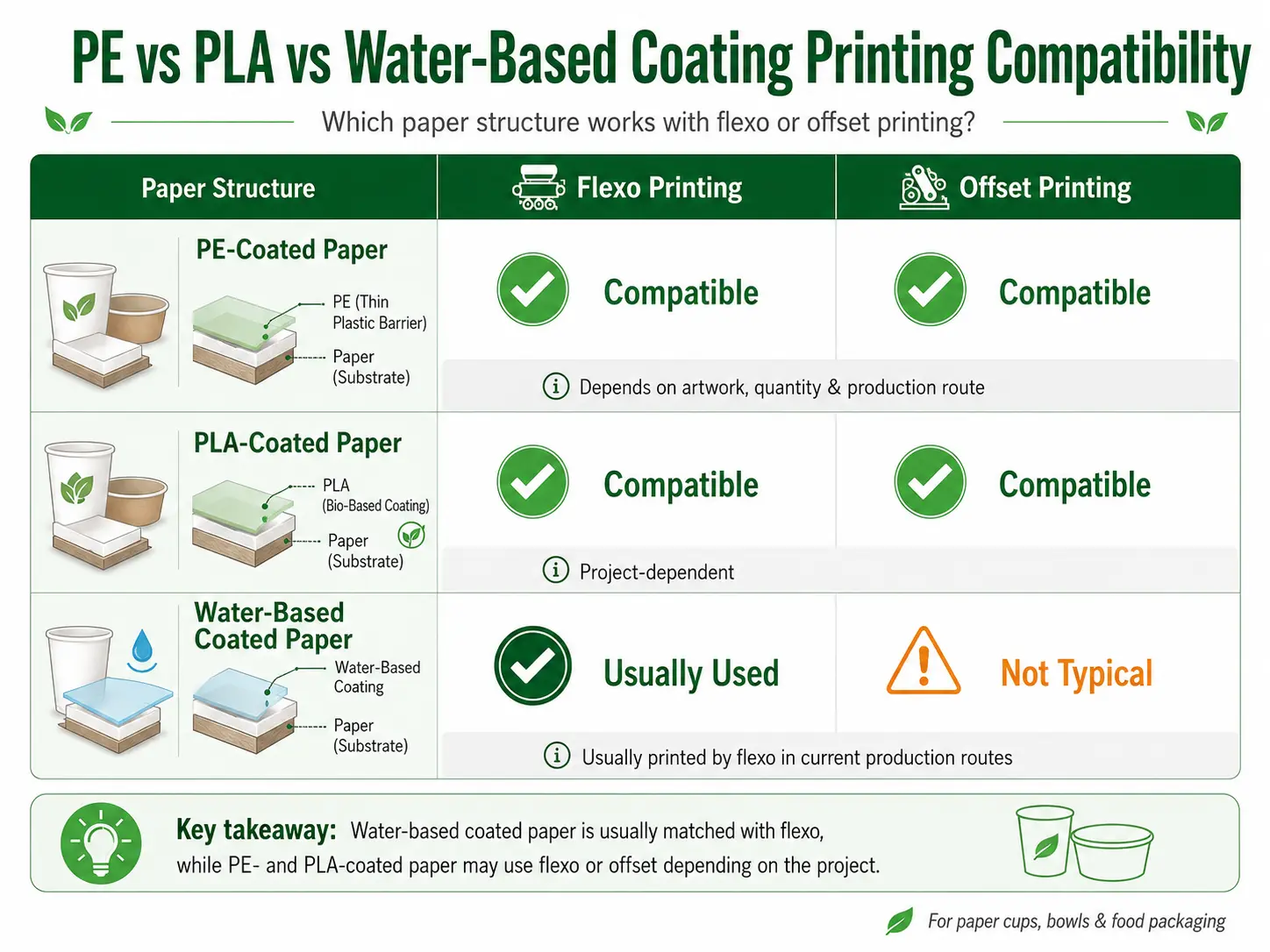 PE vs PLA vs Water-Based Coating: Flexo and Offset Printing Compatibility PE PLA and water-based coated paper printing compatibility matrix comparing flexo and offset printing