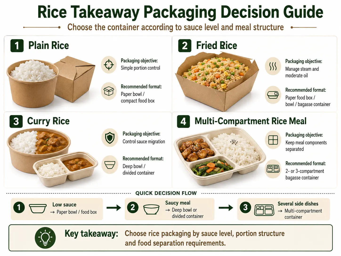 Rice Takeaway Packaging Decision Guide Rice takeaway packaging guide comparing plain rice curry rice and compartment meal containers