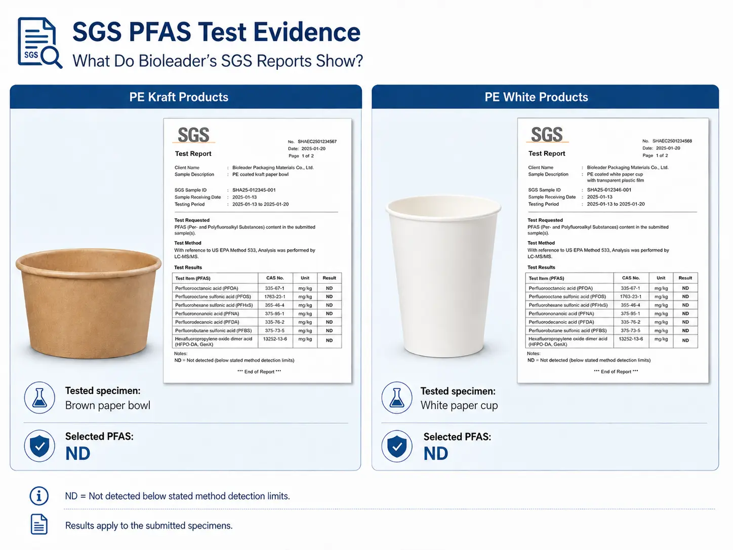 Résultats des tests SGS sur les PFAS pour un bol en papier brun et un gobelet en papier blanc enduits de PE