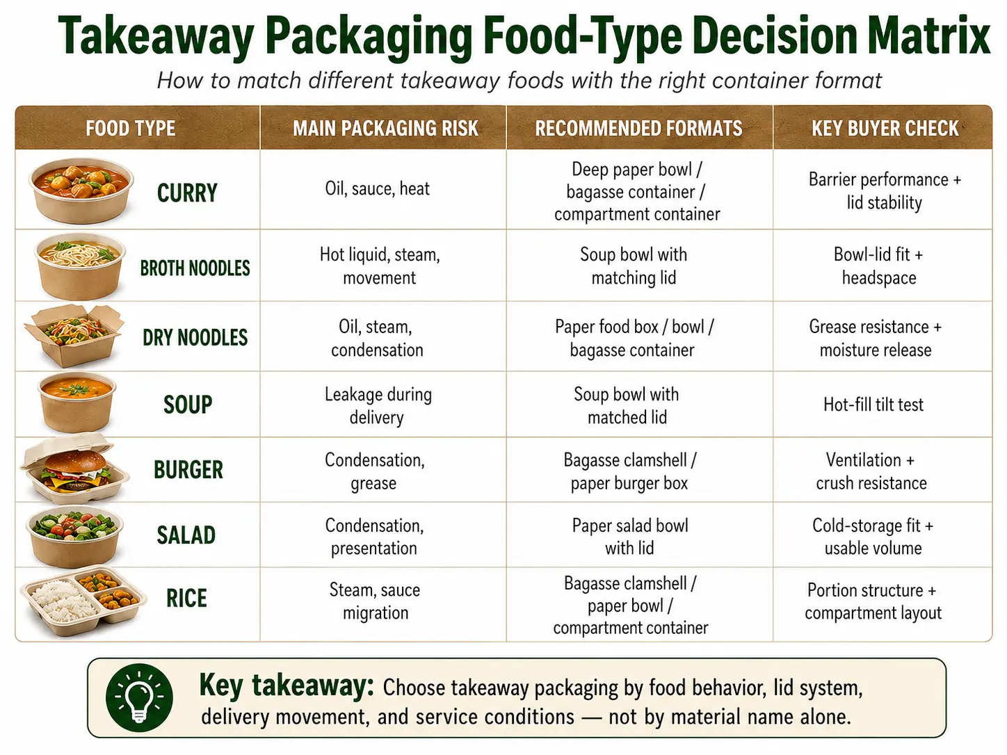 Takeaway Packaging Food Type Decision Matrix Takeaway packaging decision matrix for curry noodles soup burgers salad and rice