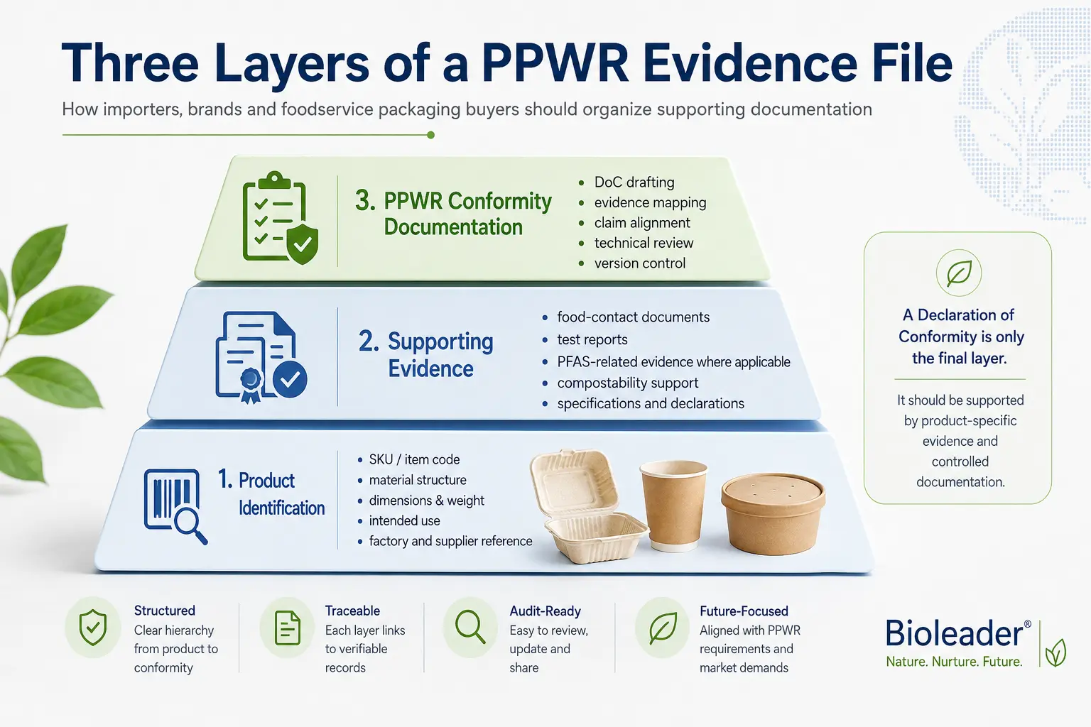 ملف أدلة PPWR مكون من ثلاث طبقات يشمل الأدلة الداعمة لتعريف المنتج ووثائق المطابقة