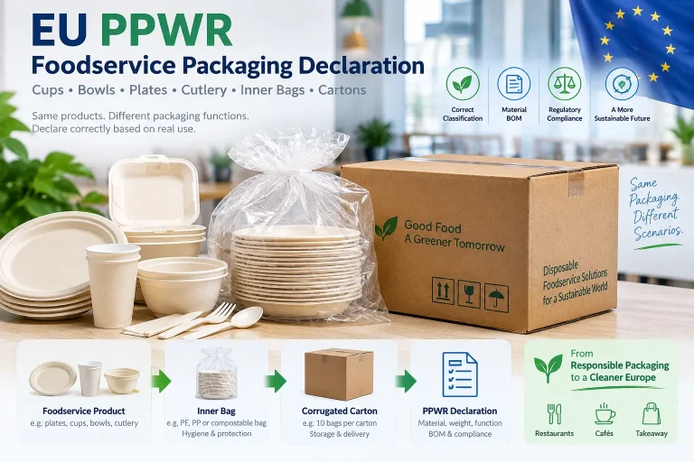 Declaración de envases de servicio de alimentos según la PPWR de la UE para vasos, tazones, platos, cubiertos, bolsas interiores y cajas de cartón corrugado