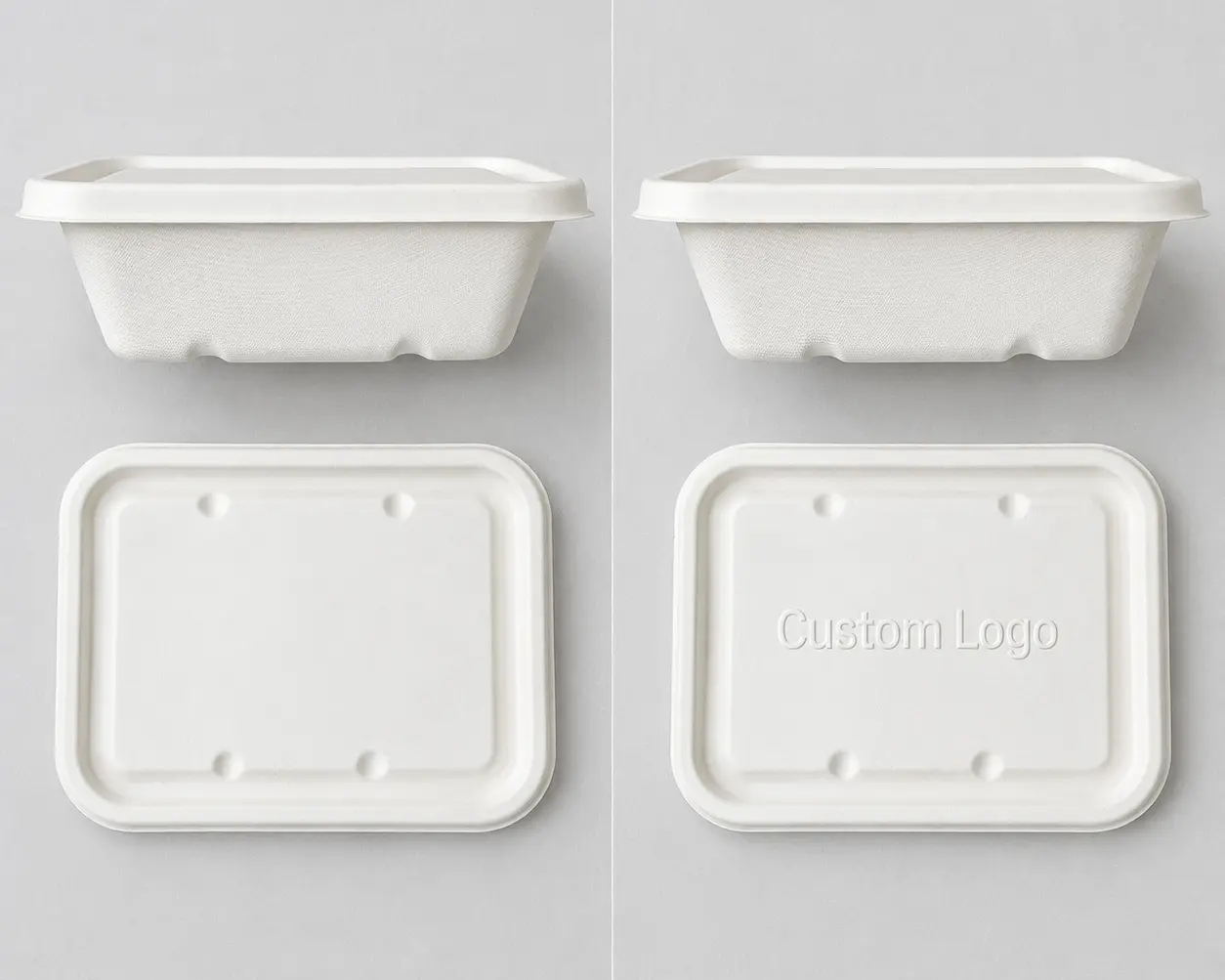 Existing Bioleader molded fiber food container shown before and after adding a custom embossed logo to the lid