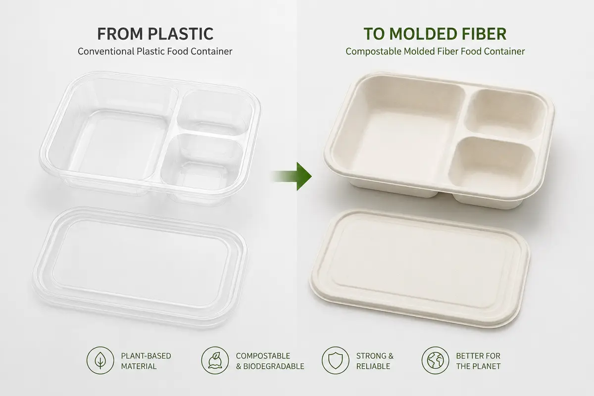 Plastic food container redesigned as a compostable molded fiber food container