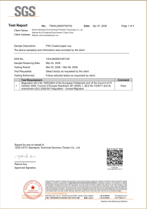 Water-based Aqueous Coated Paper Cup - Overall Migration Test Report EC NO1935-2004 EU NO10-2011