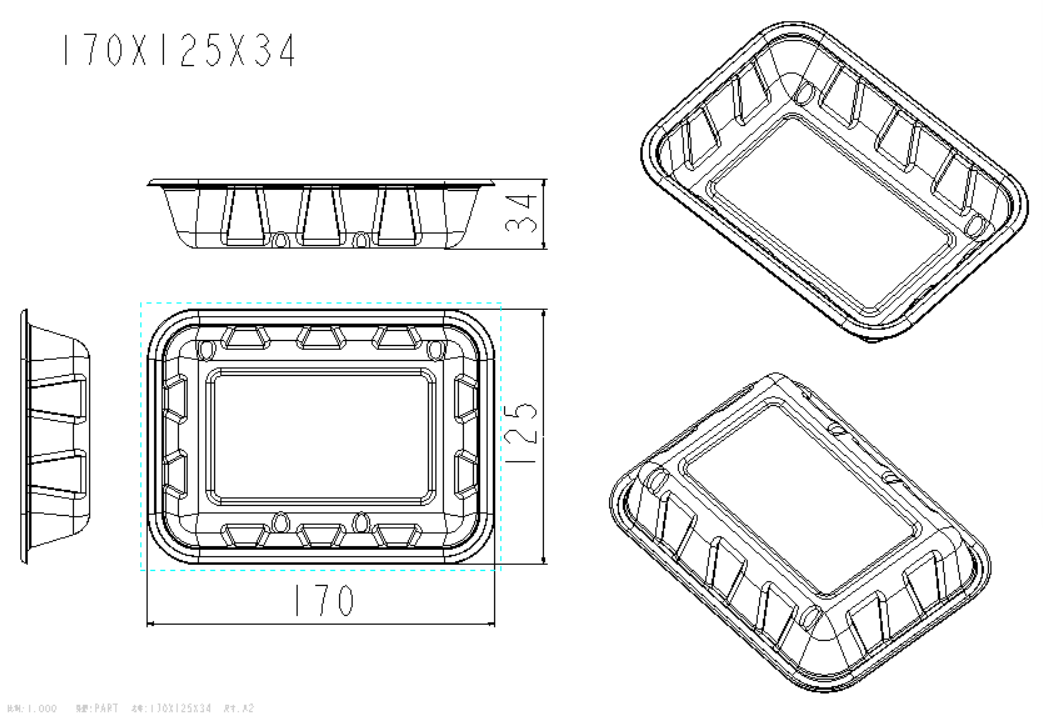 2D engineering drawing for custom molded pulp tray feasibility and DFM review