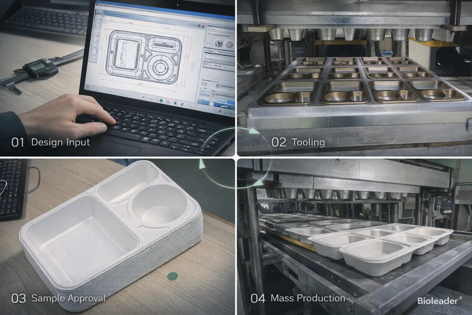Bioleader custom molded fiber development process showing design input, production tooling, sample approval and mass production