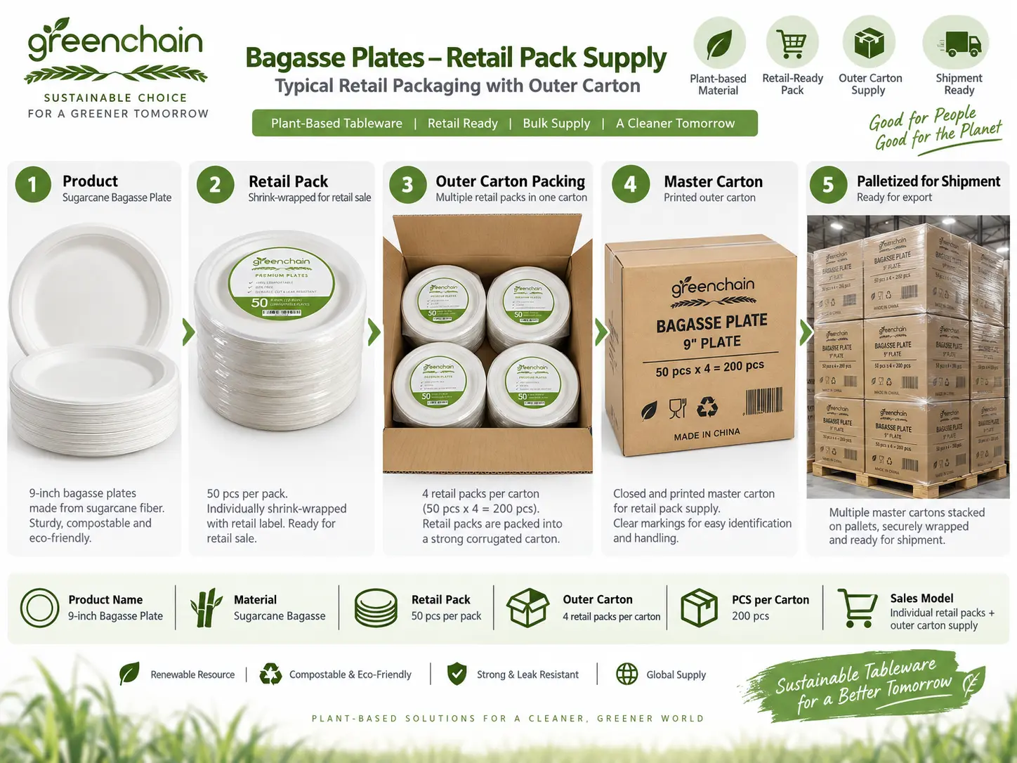 PPWR retail packaging example for bagasse plates showing individual retail packs and corrugated outer cartons
