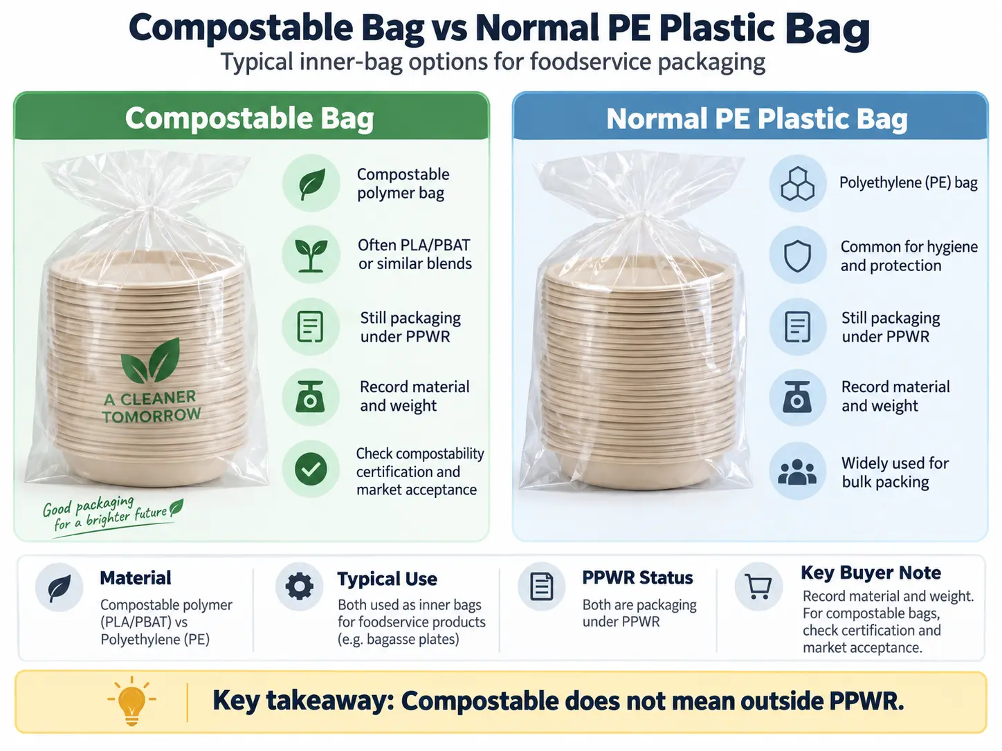 PPWR comparison of compostable bags and normal PE plastic bags used as inner packaging for foodservice products