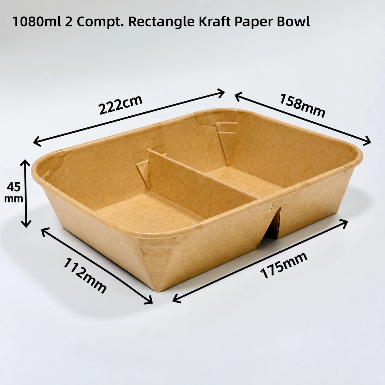 Scatola per pranzo rettangolare in carta kraft e bianca a 1080ml 2 scomparti con coperchio in PET 1080ml 2 scatola rettangolare per pranzo in carta kraft e bianca con scomparti e coperchio in PET
