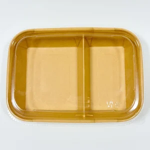 1080ml 2 scatola rettangolare per pranzo in carta kraft e bianca con scomparti e coperchio in PET