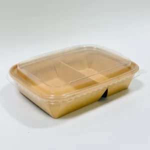 1080ml 2 scatola rettangolare per pranzo in carta kraft e bianca con scomparti e coperchio in PET