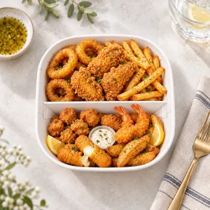 contenitore alimentare quadrato in carta bianca con 2 scomparti per snack da asporto e fritti