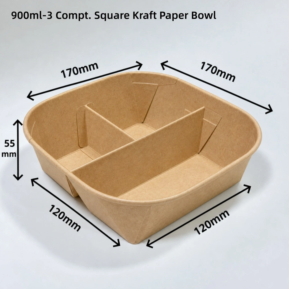 900ml 3 scomparti Scatola quadrata per asporto, snack e dessert in carta kraft e bianca con coperchi