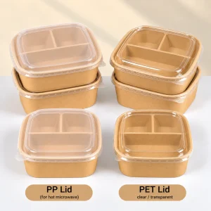 coperchio trasparente in PET e coperchio in PP per scatola per snack e dessert in carta quadrata a 3 scomparti