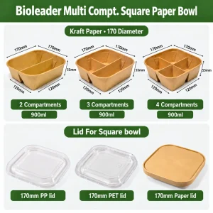 900ml dimensioni della scatola per snack e dessert in carta kraft quadrata a 4 scomparti