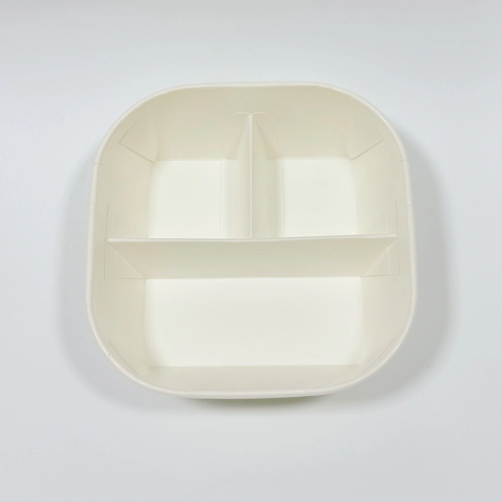 Scatola per snack e dessert da asporto in carta kraft e bianca a 900ml 3 scomparti con coperchi 900ml 3 scomparti Scatola quadrata per asporto, snack e dessert in carta kraft e bianca con coperchi