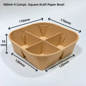 900ml 4 scomparti, scatola quadrata per snack e dessert in carta kraft e bianca con coperchi | Bioleader®