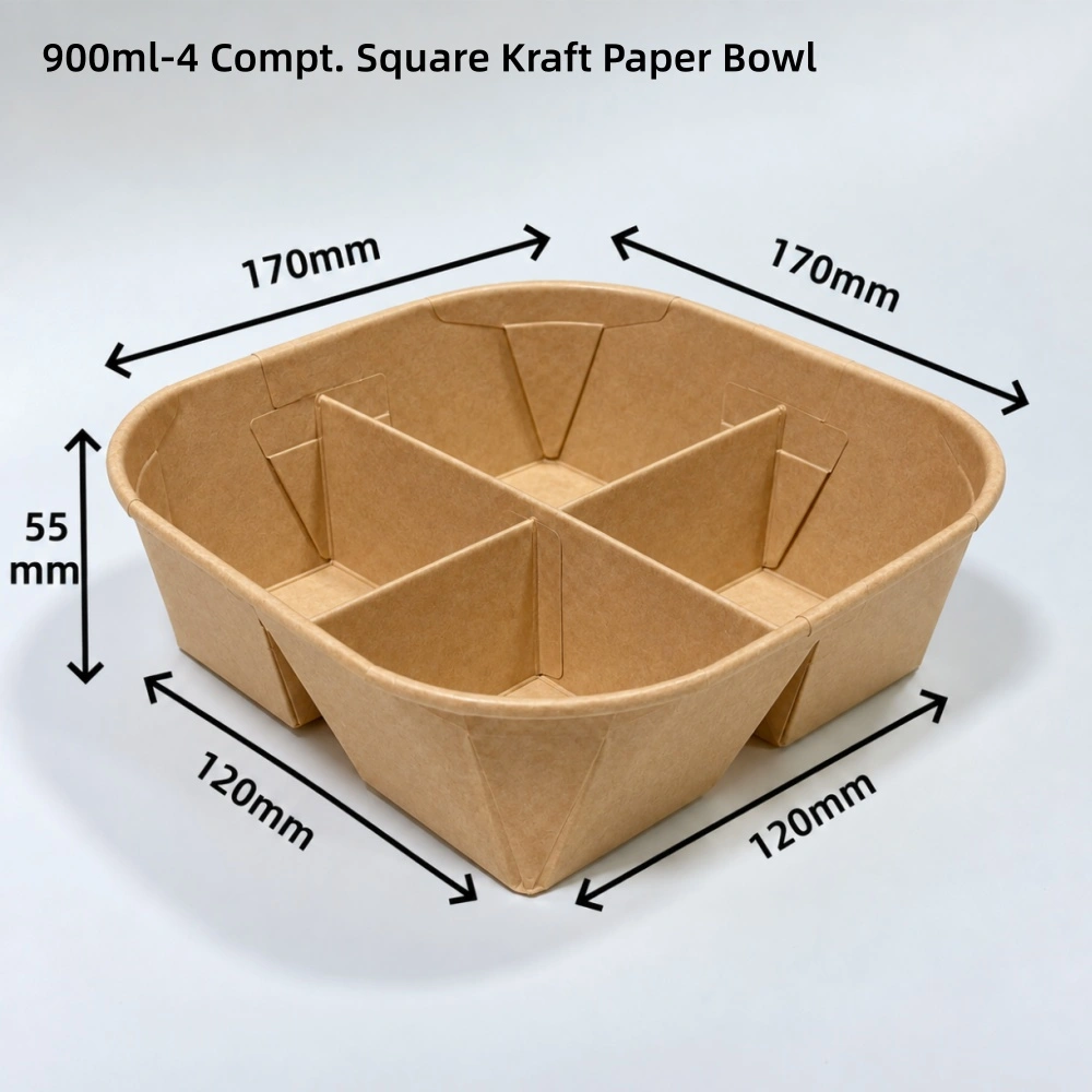900ml 4 scomparti Scatola quadrata per snack e dessert in carta kraft e bianca con coperchi
