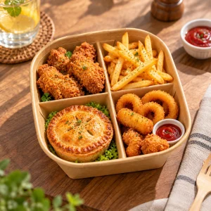 struttura della scatola quadrata per alimenti in carta kraft a scomparti per snack e dessert