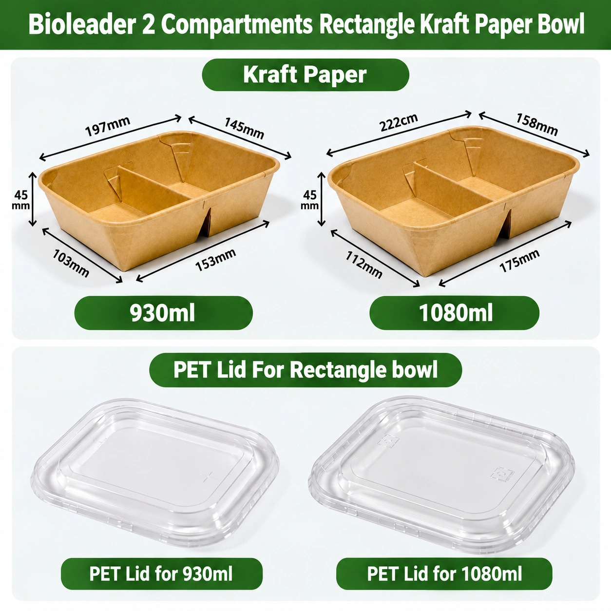 scatola da asporto rettangolare per pranzo in carta kraft e bianca a 930ml scomparti con coperchio in PET  2