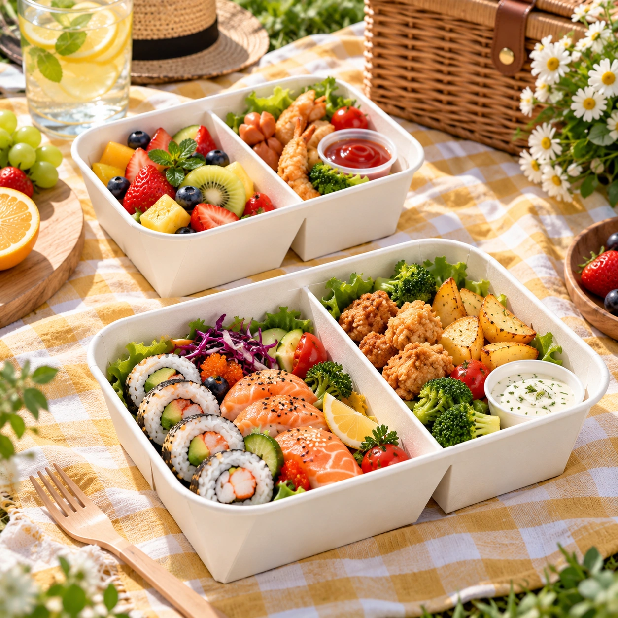contenitore rettangolare per pranzo in carta con scomparti per il settore food service