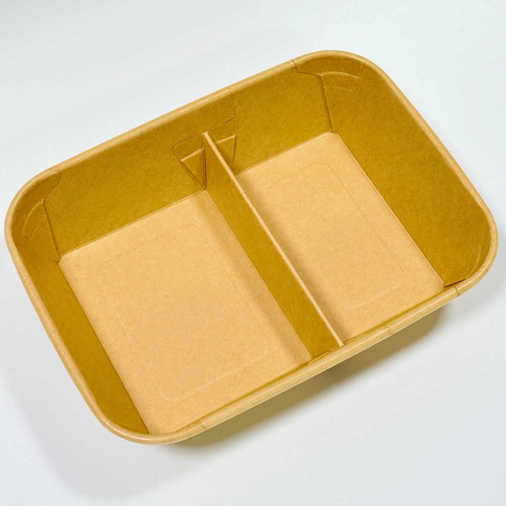 design di scatola per il pranzo rettangolare in carta kraft a 2 scomparti 930ml