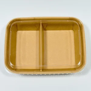 930ml 2 scatola rettangolare per pranzo in carta kraft e bianca con scomparti e coperchio in PET