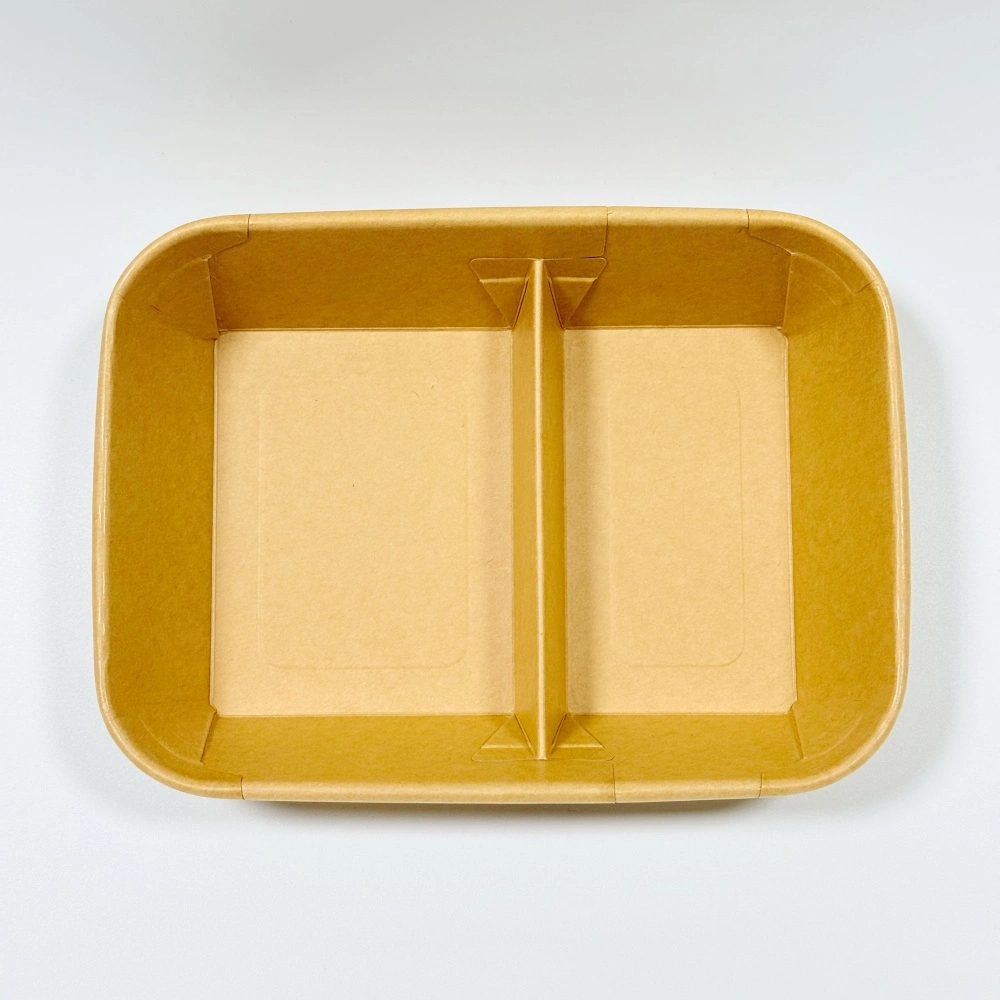 930ml 2 scatola rettangolare per pranzo in carta kraft e bianca con scomparti e coperchio in PET
