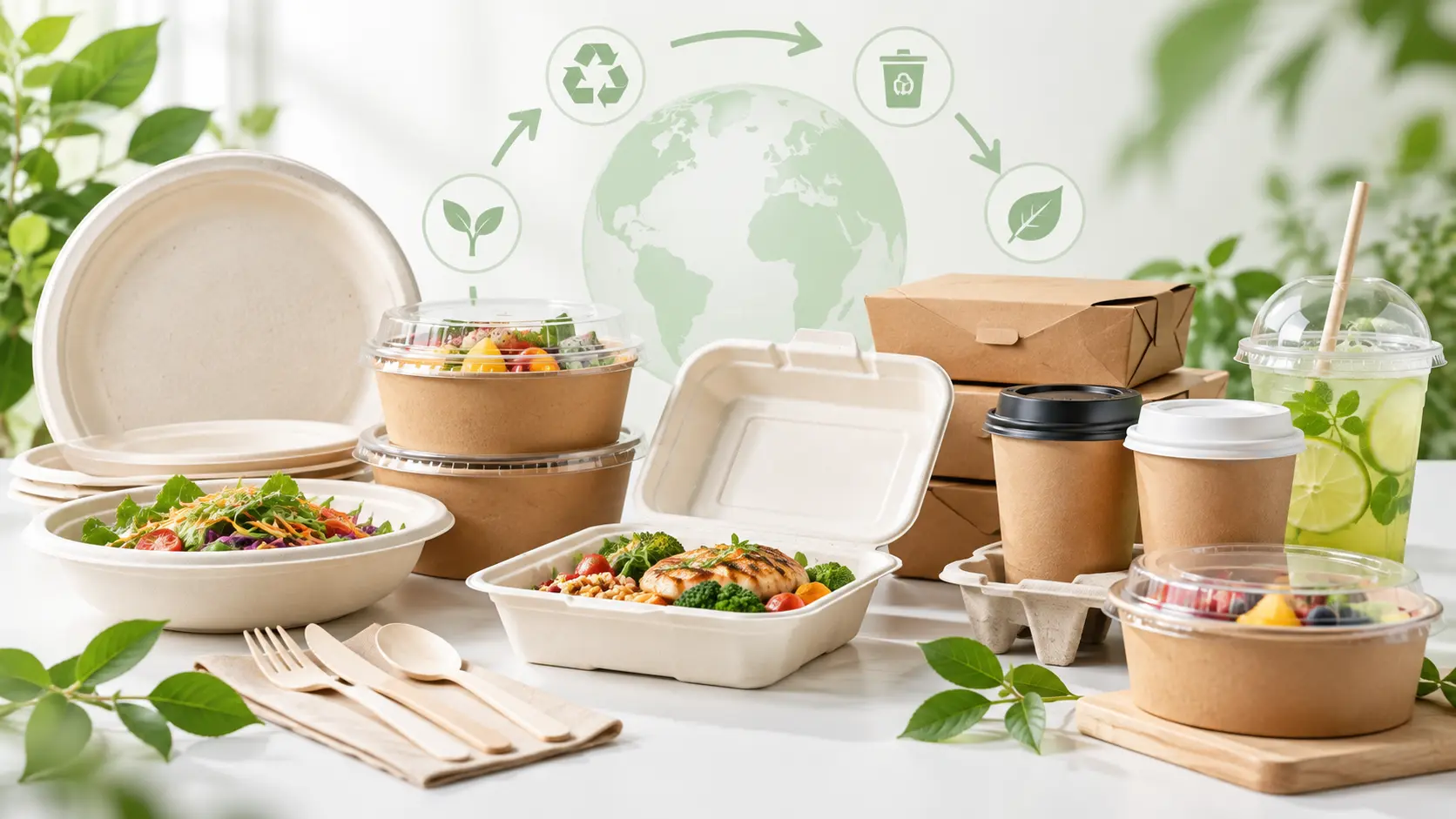 Technically recyclable vs recycled in practice food packaging with paper cups, bagasse containers, kraft bowls, clear cups and disposable cutlery
