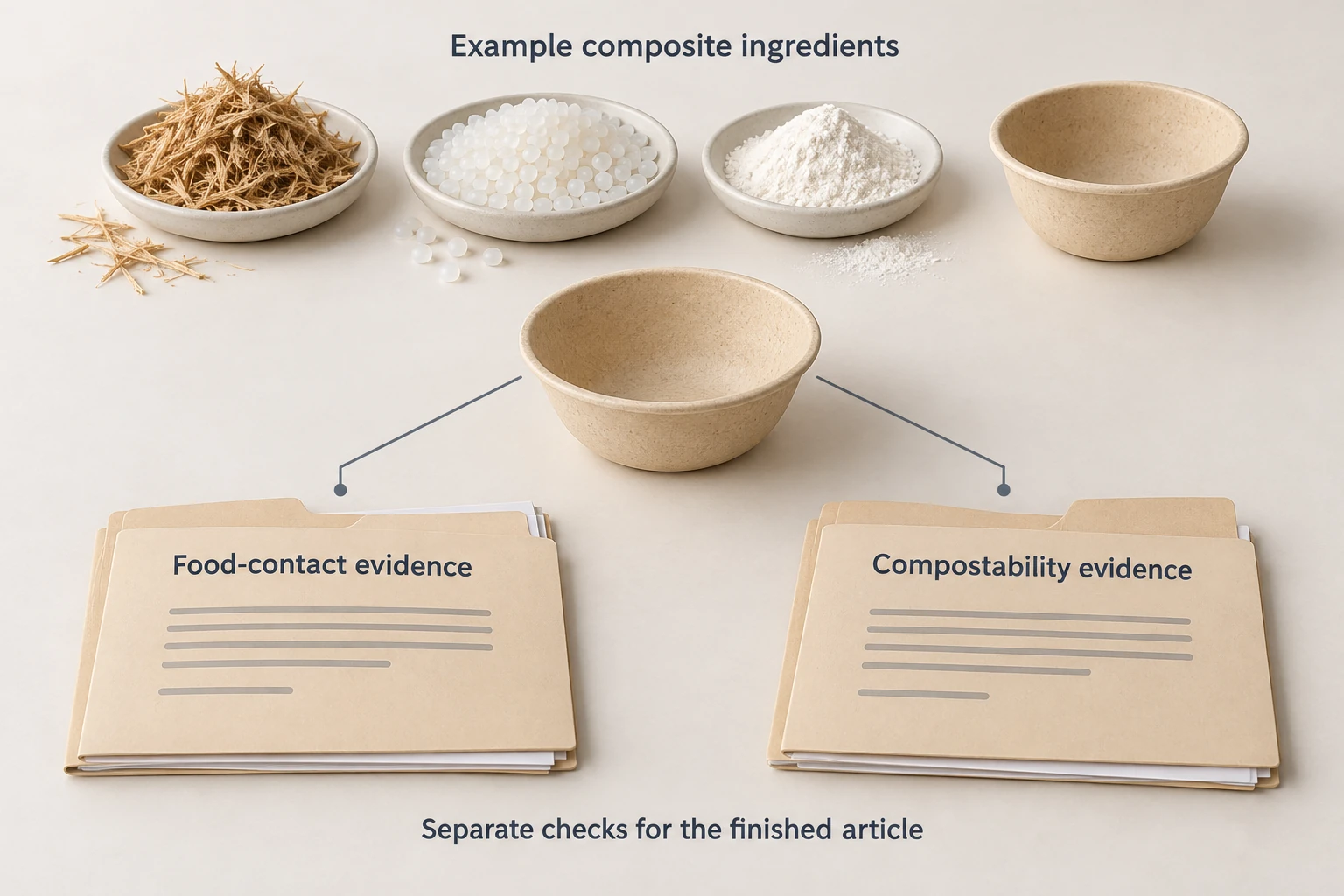 Illustration of bamboo fibers, polymer pellets and starch beside a bowl linked to separate food-contact and compostability evidence folders.