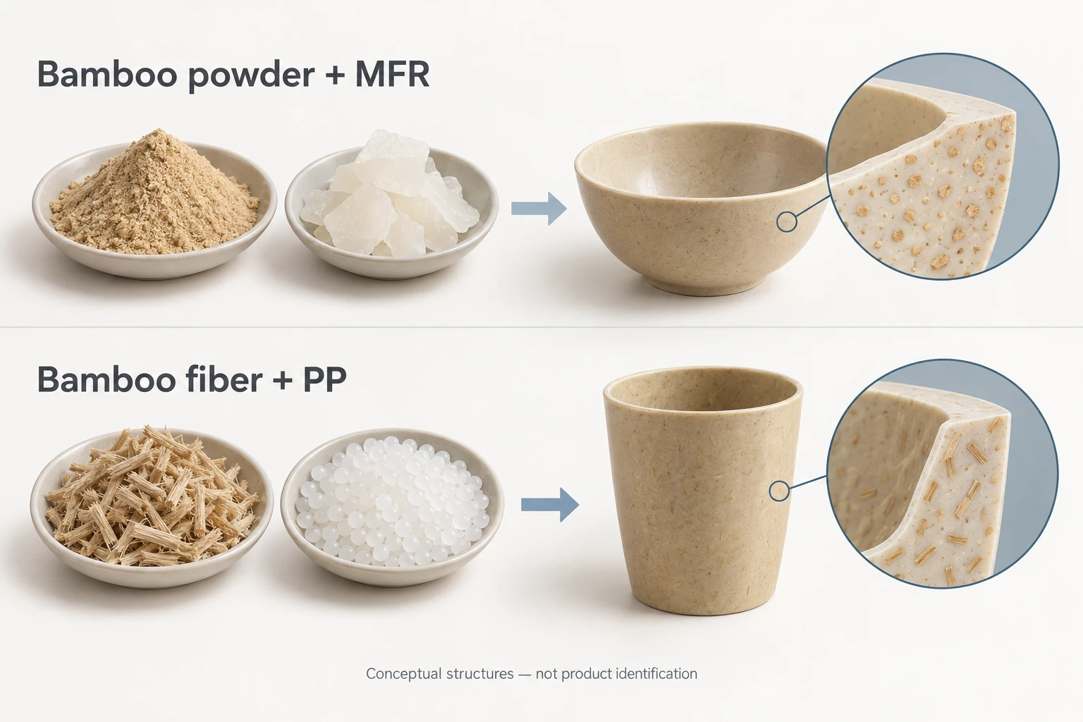 Conceptual comparison of bamboo powder in an MFR resin matrix and bamboo fibers in a PP plastic matrix.