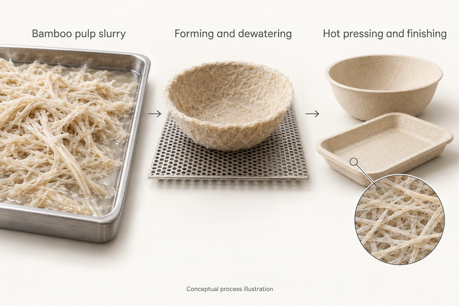 Conceptual bamboo-pulp molding sequence showing wet pulp, a dewatered bowl preform, and finished molded-fiber bowls and a tray.