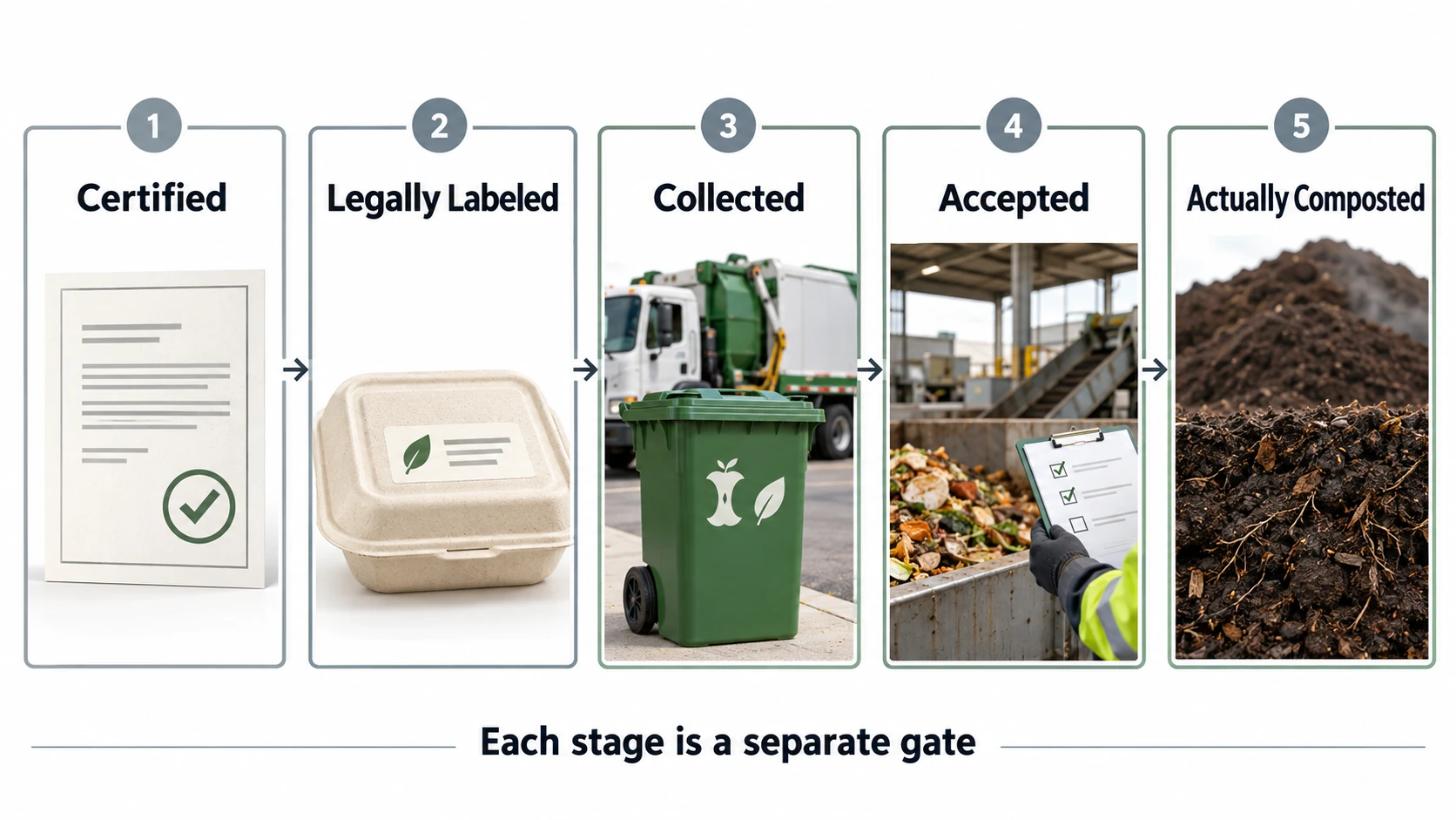 Five-stage pathway showing certified, legally labeled, collected, accepted and actually composted food packaging in the United States.