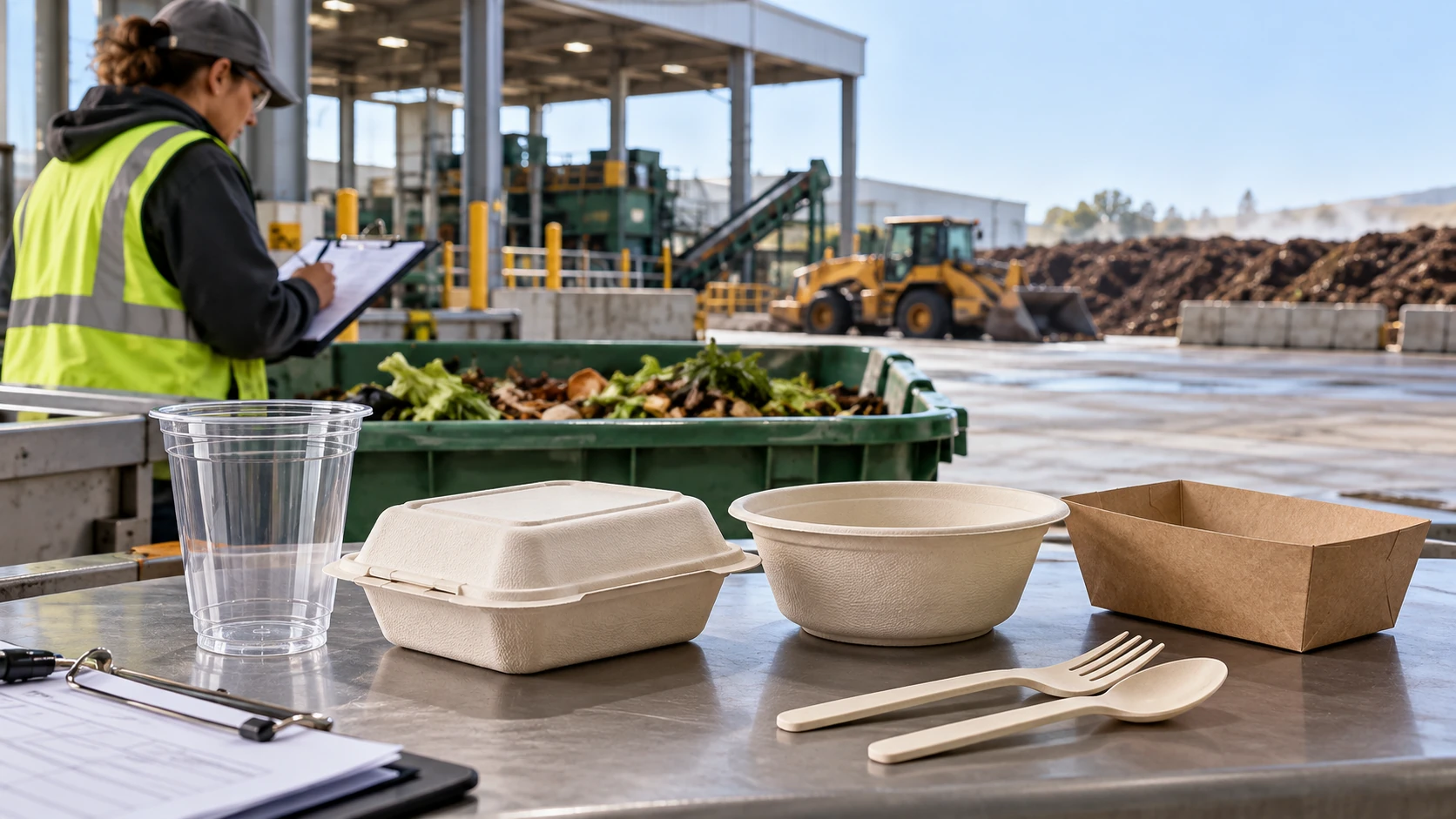 Certified compostable PLA cups, bagasse containers and foodservice packaging shown before a U.S. commercial composting facility acceptance checkpoint.