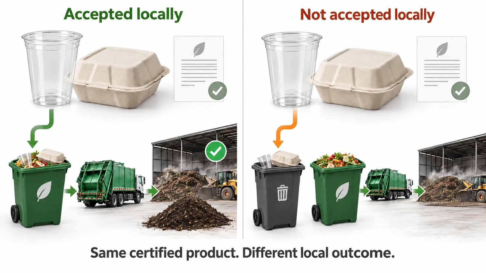 The same certified compostable packaging follows different disposal routes depending on local collection and composting facility acceptance.