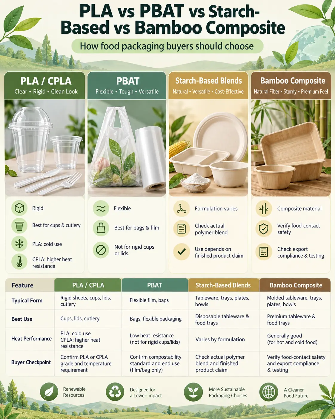 Infográfico que compara PLA, CPLA, PBAT, misturas à base de amido e materiais compósitos de bambu para aplicações em embalagens alimentares descartáveis.