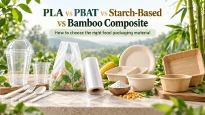Copos de PLA, filme flexível de PBAT, loiça descartável à base de amido e embalagens alimentares de compósito de bambu apresentados para comparação de materiais.