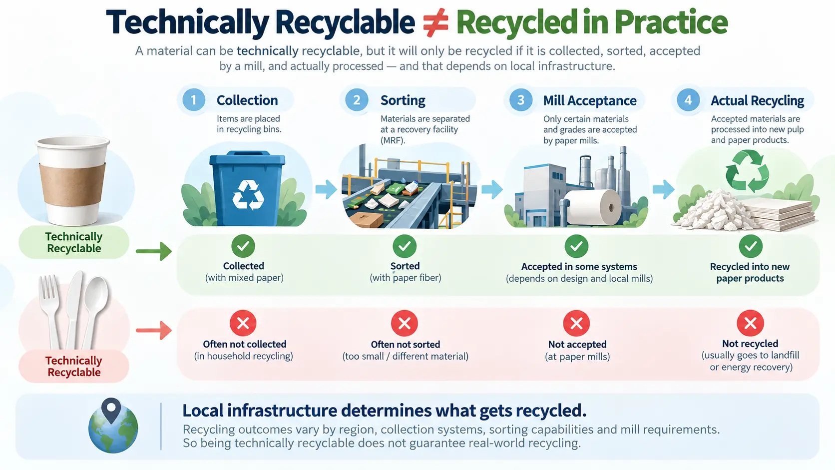 Technically recyclable versus recycled in practice for food packaging showing collection sorting recycling mill and real-world recycling stages